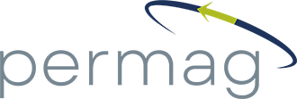 Permag logo, blue, green, and gray with decorative arrow.