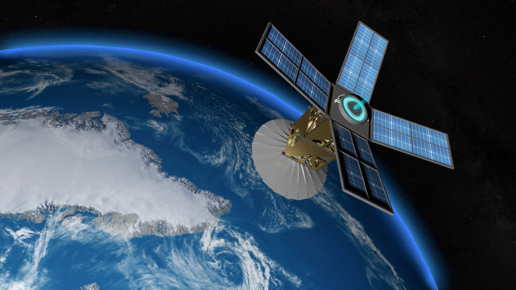 A Satellite in space showing the propulsion system indicated by blue circle.