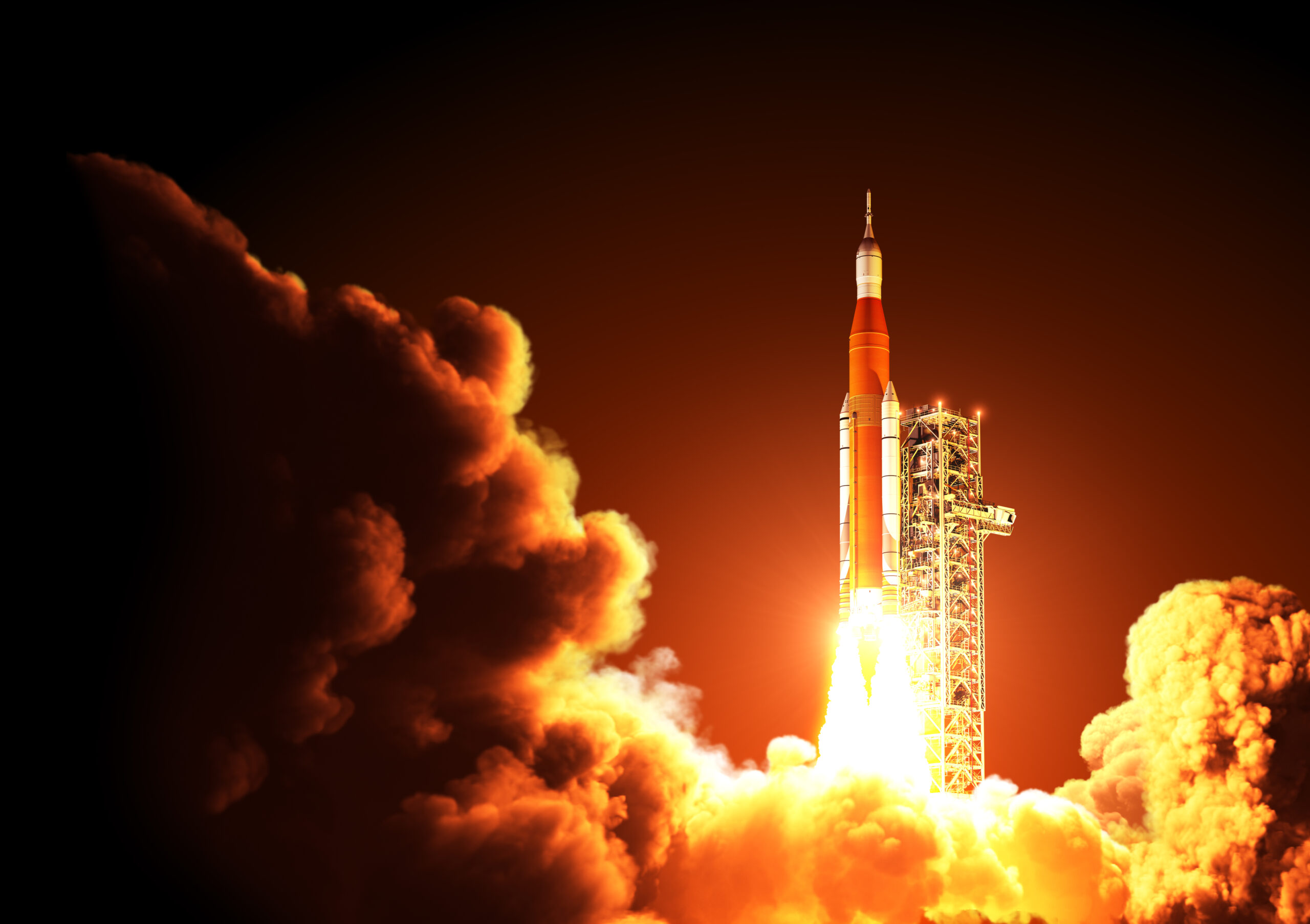 Next generation rocket Space Launch System Takes Off At Night. 3D Illustration.