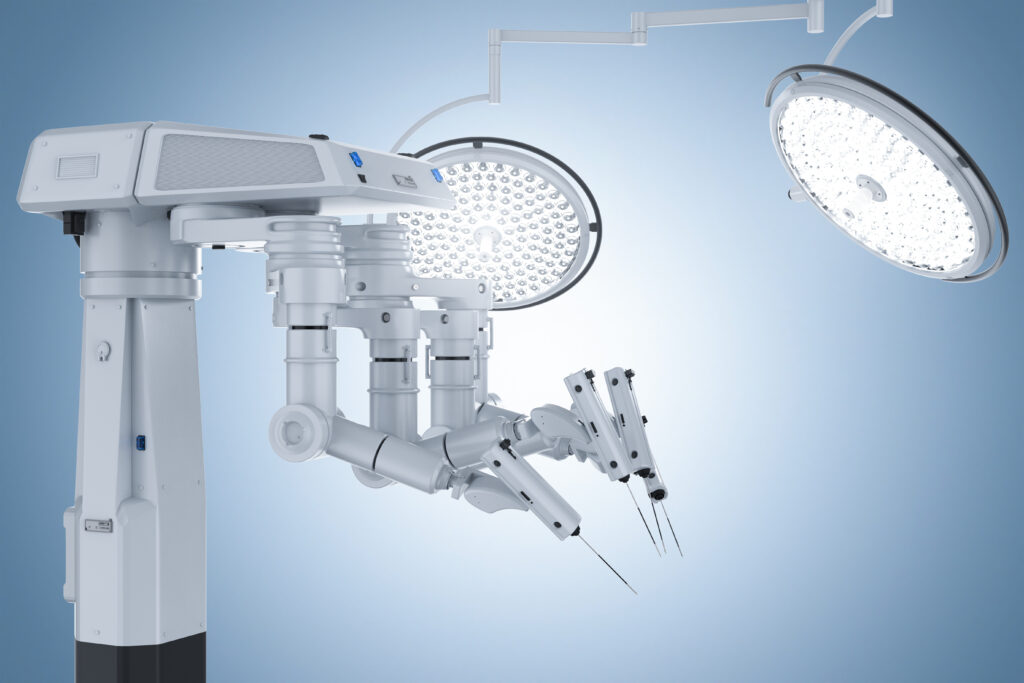3d rendering robot surgery machine with surgery lights on blue background