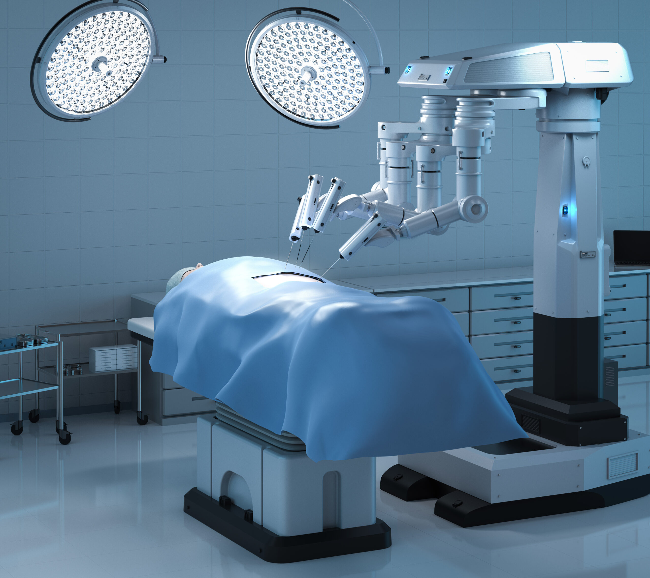 Medical technology concept with 3d rendering surgery robot in surgery room
